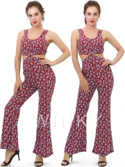 Ladies Crop Tops Boot Cut Pant Women Summer Flower Print Jumpsuit