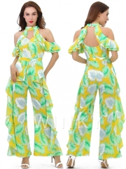 Sexy Backless impresión de la hoja de verano Ruffle Ladies moda mono