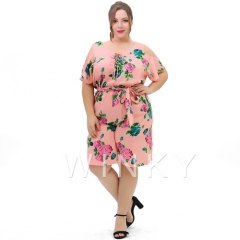 Pink Floral Printed Belt Big Size Ladies Plus Size Women Rompers
