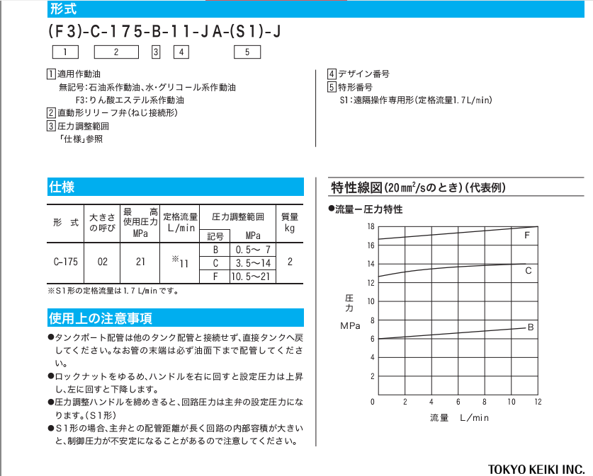 TOKIMEC Relief valve C-175-B-11-JA-J