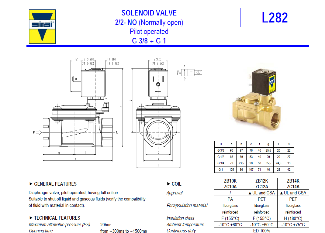 SIRAI SOLENOID VALVE L282B01ZB10K 1”24VDC
