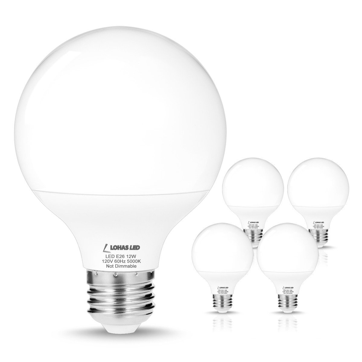 LOHAS G25 Daylight 5000k LED Bulbs, 75W-100W Equivalent(12W Incandescent Bulbs Replacement), E26 Medium Screw Base, Globe Shape, 1200 Lumens, Non-Dimm