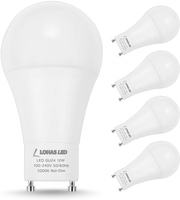 LOHAS GU24 Base Light Bulb, 1200Lumen Daylight 5000K 12Watt, 75W-100W Halogen Light Equivalent A19 Shape for Ceiling Fan, Twist Lock GU24 Base, 4 Pack
