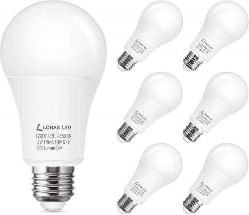 A19 LED Bulb with 17 Watt Daylight White 5000K,6packs- Dimmable