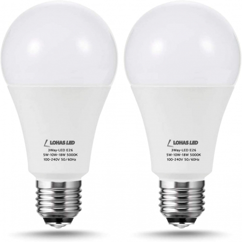 A21 3-Way LED Light Bulbs Daylight White 5000K, Dimmable ，2Pack