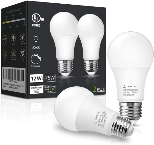 A19 LED Light Bulb Dimmable,Daylight White 5000K, 2 Pack