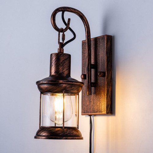 LOHASLED 1 Light Rustic Wall Light, Antique Bronze Vintage Plug in Industrial Glass Shade