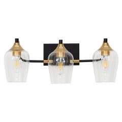 Vintage 3 Wall Lamp Sconce Matte Black and Gold Vanity with Clear Glass Shades