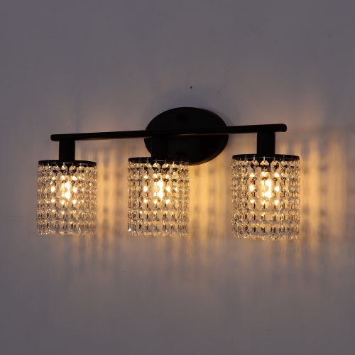 LOHASLED 3 Light Wall Sconce with Crystal Drops,Over Mirror Polished Black Wall Light