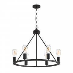 6-Light Wagon Wheel Chandelier,Rustic Farmhouse Round Kitchen Island Light, Matte Black Hanging Light for Dining Room Kitchen Living Room Bedroom