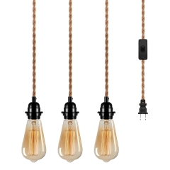 3-Light Cable DIYE 26/E27 Triple Pendant Light,Cord Kit with Independent Switch, Plug in Hemp Rope Vintage Finish Hanging Lighting Cord(Without Lampsh