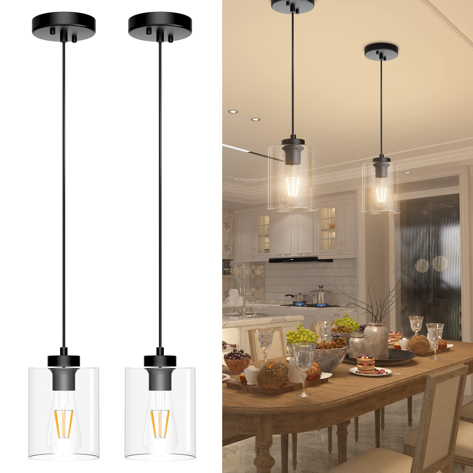 1-Light Indoor Mini Pendant Light (2 Pack),Matte Black E26 Base with Clear Seeded Glass Shade for Bar, Dining Room, Bedroom, Living Room