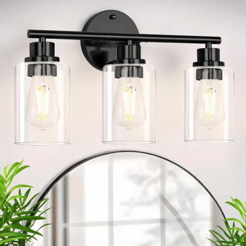 LOHASLED Bathroom Light Fixtures, 3-Light Modern Black Bathroom Lights Over Mirror with Clear Glass Shade