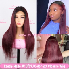 Ready-Made Ombre Colored 1B/99J Closure Wig 150% Density Silky Straight (Ready to Ship)