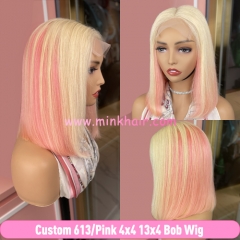 Custom #613/Pink Ombre Color Highlight Wig 4x4 & 5x5 Closure Bob Wig 180% Density