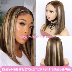 Ready-Made Ombre #4/27 Highlight Color 13x4 Full Frontal Bob Wig Transparent Lace 150% Density Silky Straight (Ready to Ship)