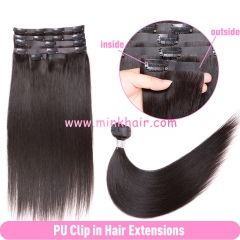 PU Clip in Hair Extensions 100% Human Hair 1B Color