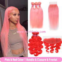New Hair Bundles Pink Color Red Color 4x4 Lace Closure and 13x4 Lace Frontal