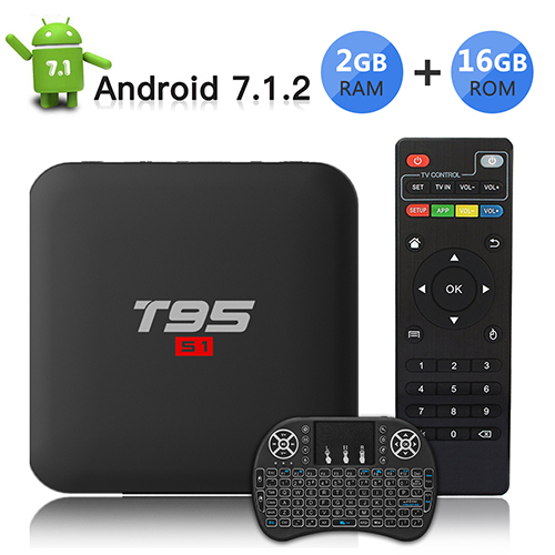 TV Box Android 7.1 TV Box con Wireless Mini tastiera/ 2GB RAM 16GB ROM/S905W Quad-core cortex-A53/ Video 4K UHD H.265/3D/2.4GHz WiFi T95 S1 Smart TV B