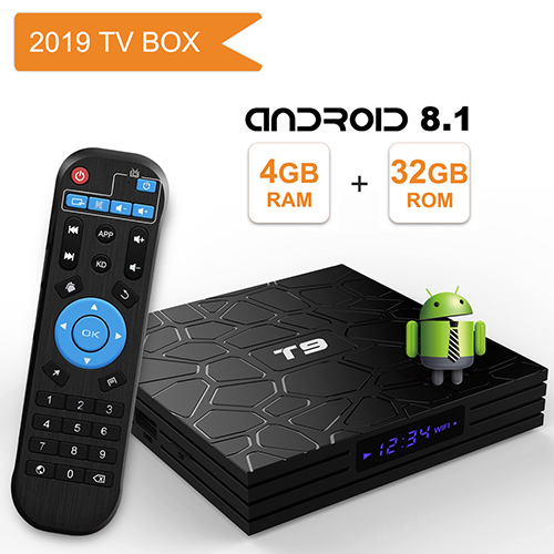 Android TV Box 8.1,2019 T9 Android box 4GB RAM 32GB ROM RK3328 Quad Core/2.4GHz/64 bits / BT4.1 / H.265 / 3D UHD 4K Smart TV Box