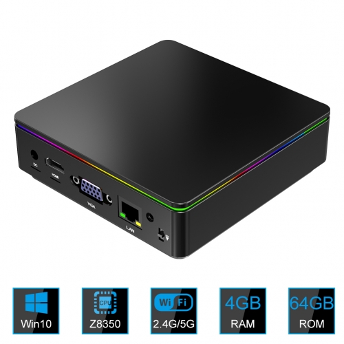 Mini PC with Breathing Lamp Windows 10 4GB+64GB Intel Z8350 Quad-Core Micro Desktop Computer with Silent Cooling System 4K HD Graphics HDMI+VGA