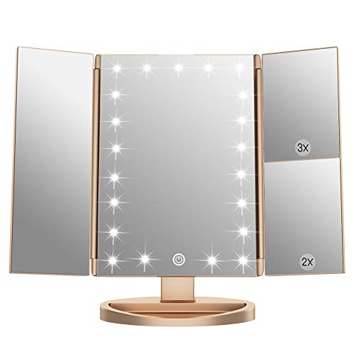 WEILY Vanity Makeup Mirror,1x/2x/3x Tri-Fold Makeup Mirror with 21 LED Lights and Adjustable Touch Screen Lighted Mirror Dressing Mirrors (Gold)