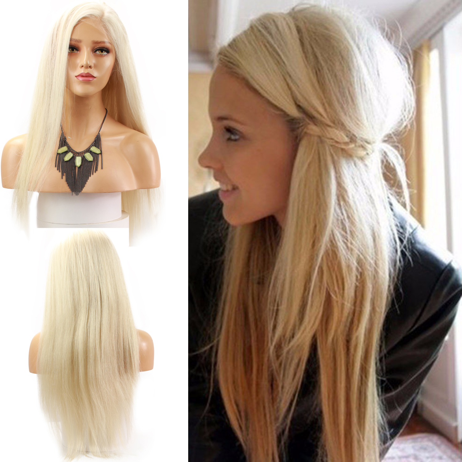 Long Platinum Blonde Wig Silky Straight Virgin Human Hair Full