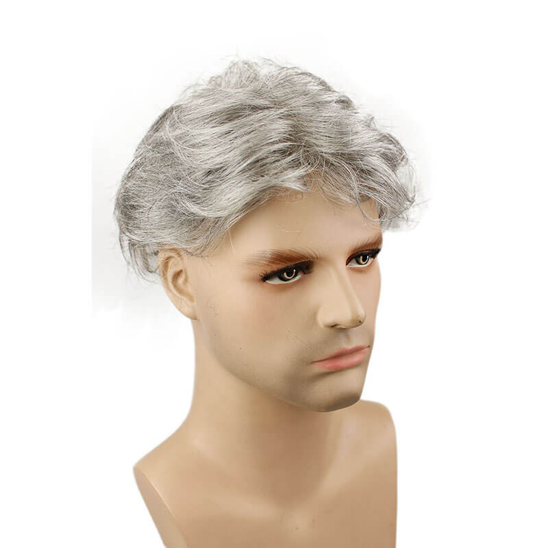 Grey Men`s Toupee Hairpiece Whole PU Base Human Hair 1b# Mix 80% Grey