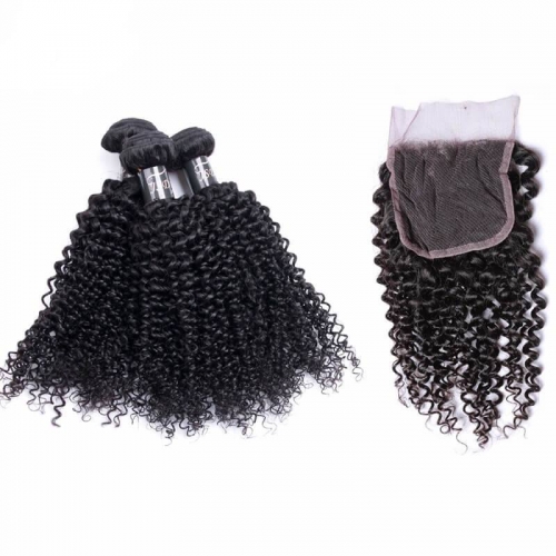 7A Unprocessed Mongolian Kinky Curly Virgin Hair With Closure Bleached Knots Lace Closure With Bundles In Stock