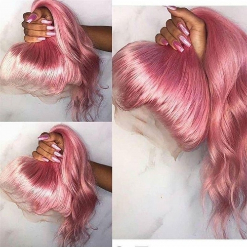 Pink Hair Body Wave Lace Wigs with Baby Hair Glueless 13x4x1 T part Lace Front Human Hair Wigs Pink Ponytail