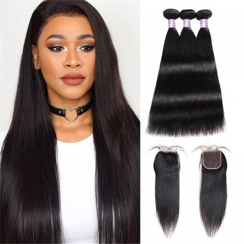 Eseewigs Indian Straight Hair 3 Bundles with 4*4 Lace Closure