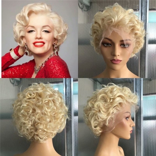 Eseewigs Brazilian pixie 613 Blonde 13x4 Lace Front Wigs Curly Jewish Remy Human Hair Full Lace Natural Hairline 150 Density 10&quot;