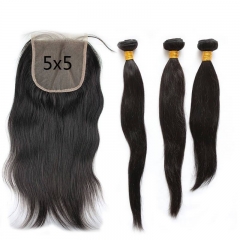 5X5 Transparent Invisible Hd Lace Thinner Lace Closure Silky Straight 3Bundles With Lace Closure  HD 5x5 Peruvian Human Hair Natural Color
