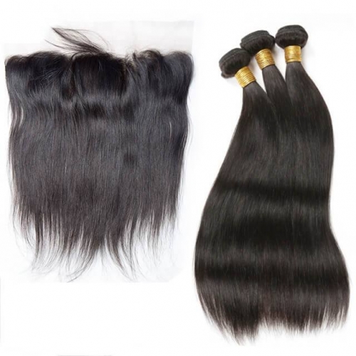 7A Straight Frontal With Virgin Brazilian Hair 3 Bundles Human Hair Full Frontal Lace Closure 13X4 With Bundles