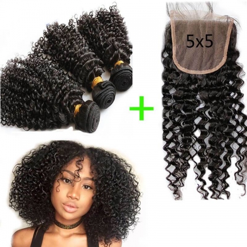3 Bundles with Lace Closure 5x5 Brazalian Virgin Hair Human Hair Kinky Curly 120%Density Natural Color
