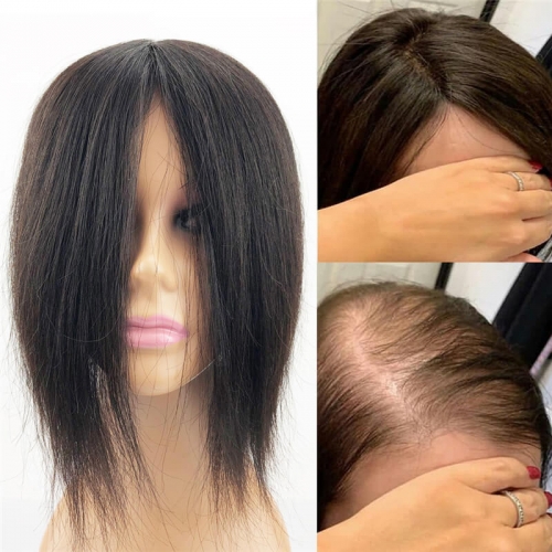 Human Hair Wig Topper Skin Base Toupee Black Brown Color Clip In Remy Human Hair Piece Middle Free Part for Bald Thin Hair