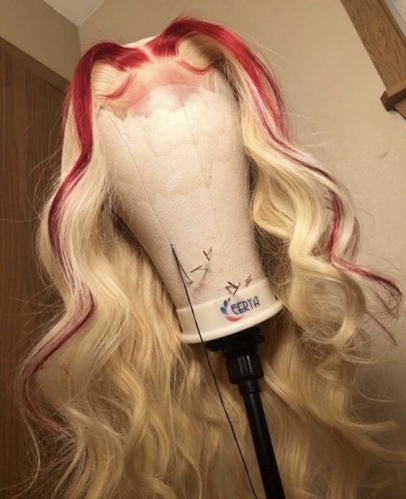 Red Highlight Wig Human Virgin Hair Pre Plucked Lace Front Wig  For Woman