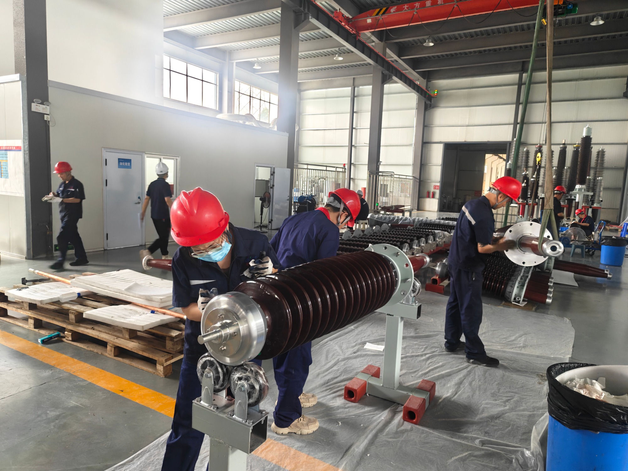High-voltage testing equipment in an electrical workshop