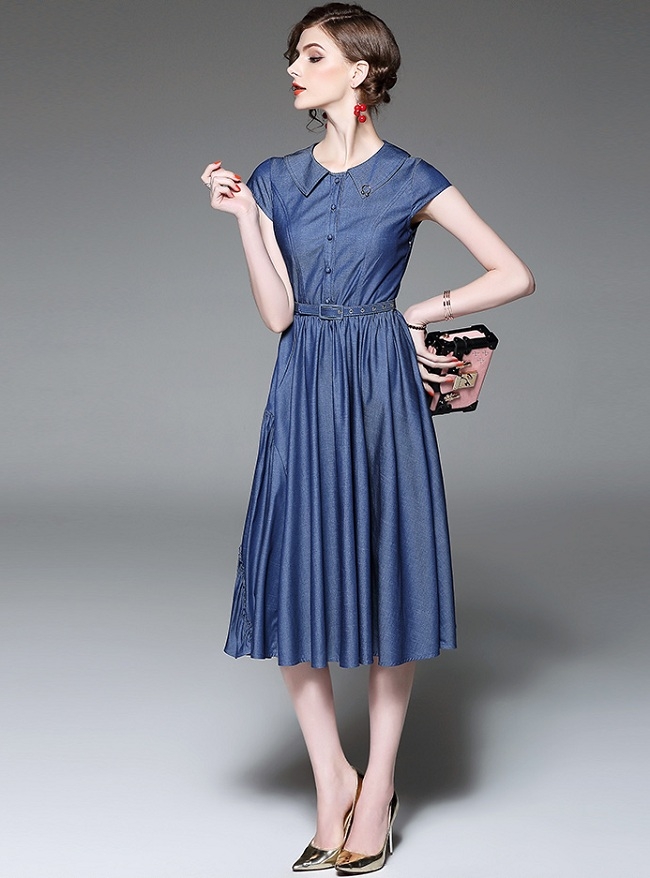 新款女装时尚气质衬衫裙小翻领a字裙短袖大摆裙中长款女连衣裙女裙