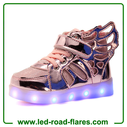 Butterfly Wings Unisex Kids High Neck Led Shoes Sneakers For Girls HIgh Top Led Light Up Shoes With Lace Up Buckle Strap