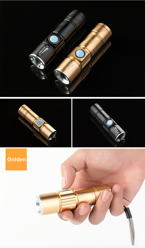 Golden Black USB Rechargeable Zoomable Bicycle Bike Flashlights Headlights Torch Lights With Holder
