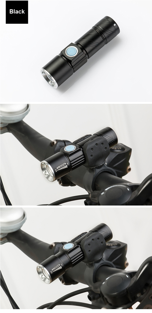Golden Black USB Rechargeable Zoomable Bicycle Bike Flashlights Headlights Torch Lights With Holder