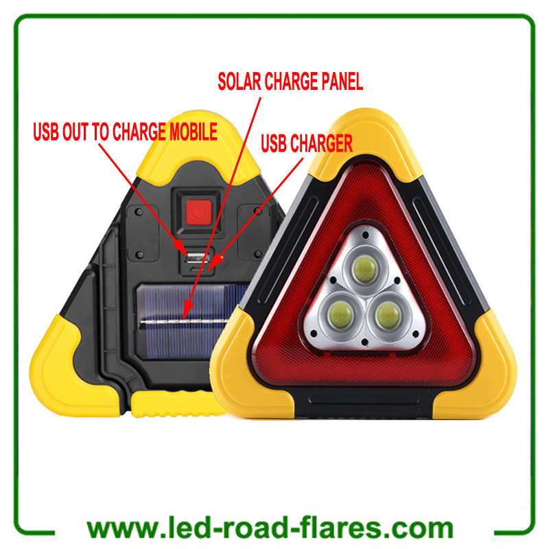 Solar Led Warning Triangle Flood Light With 3 COB Chip Emergency Warning Light 4 Lighting Mode USB Charging Port Rechargeable Portable LED Work Light Searchlight Camping Safety Reflective Flash Light