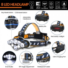 Rechargeable Headlamp 8 LED Headlamp Flashlight 8 Modes Waterproof LED Head Torch Head Light Headlight with Red Warning Light for Camping, Fishing, Car Repair, Outdoor