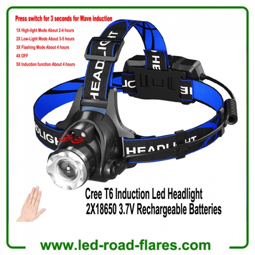Wave Induction Zoomable Led Headlamp Flashlight Motion Sensor USB Rechargeable Led Headlights Super-Bright Cree T6 Led Waterproof Head Torch With 4 Modes, Induction Adjustable Work Head Lamp for Camping, Fishing, Running