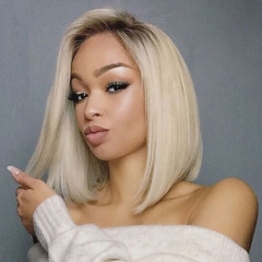 FashionPlus Hair Glueless Unprocessed Peruvian Human Hair 1B/613 Blonde Full Lace Bob Wig 180 Density