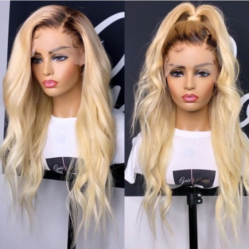 FashionPlus Gluless Silky Straight Ombre 1B/613 Blonde Lace Front Wigs Pre Plucked Hairline Free Part 180% Density