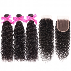 FashionPlus 9A 3 Bundles Brazilian Water Wave Virgin Hair Bundles with lace Closure Human Hair Extension