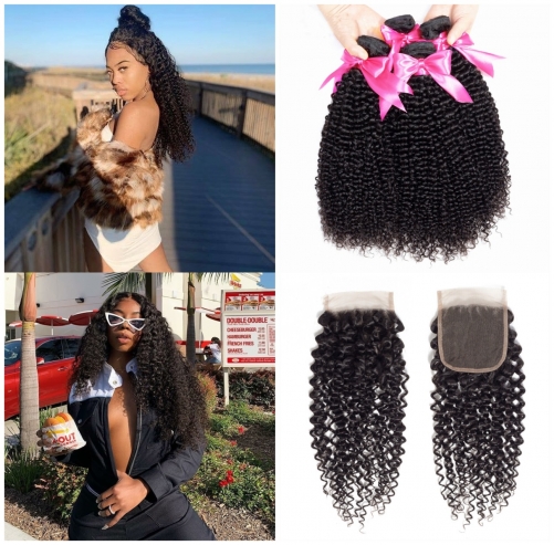 FashionPlus 4 Bundles Virgin Brazilian Curly Hair Weave Deals with 4*4 Lace Closure, 9a Grade, 100% Unprocessed Human Hair