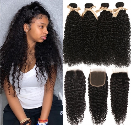 FashionPlus 4 Bundles Peruvian Jerry Curly Hair Weave Bundles with 4*4 Lace Closure, 9a Grade, 100% Unprocessed Human Hair